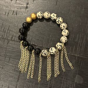 Dalmation Jasper Beaded Stretch Chain Rock Unique Edgy Bracelet​​
